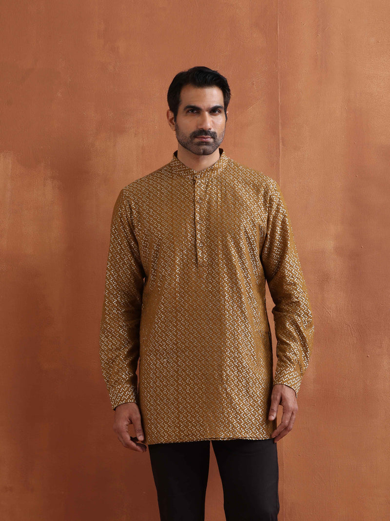 trueBrowns Men's Mustard Cotton Dobby Short Kurta