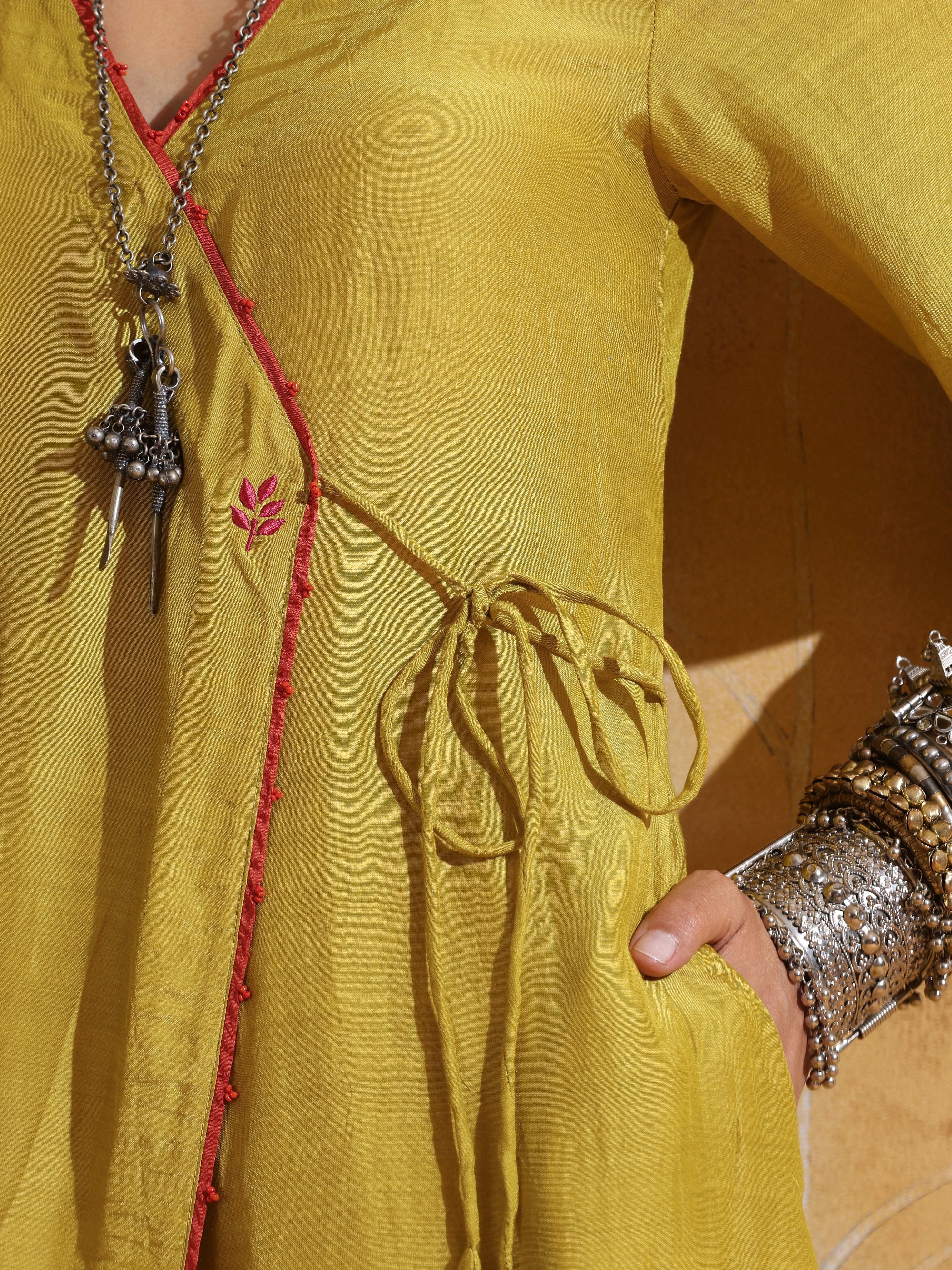 trueBrowns Lime Muslin Silk Angrakha Kurta Pant Set