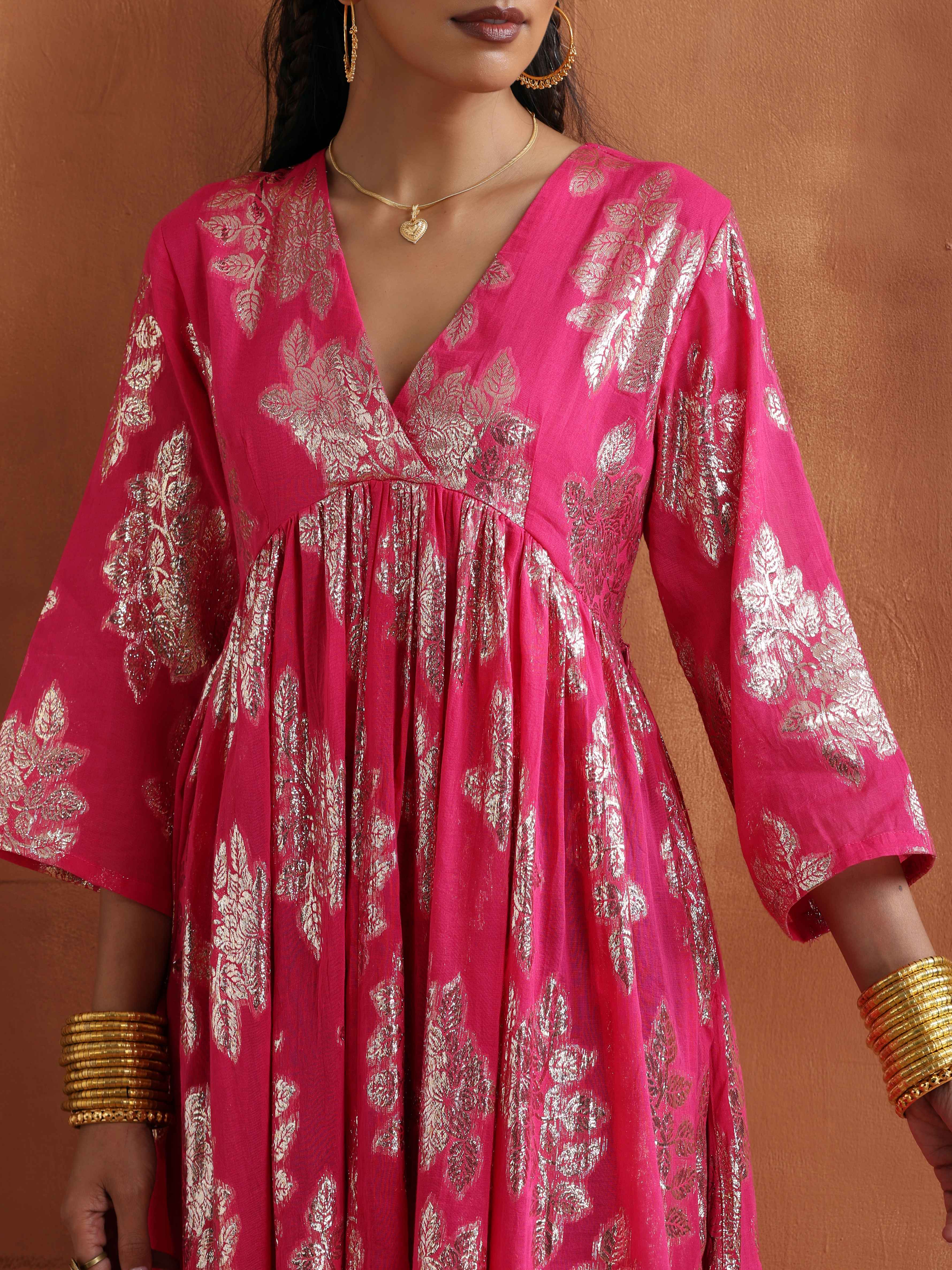 trueBrowns Pink Metallic Flared Anarkali Kurta Set