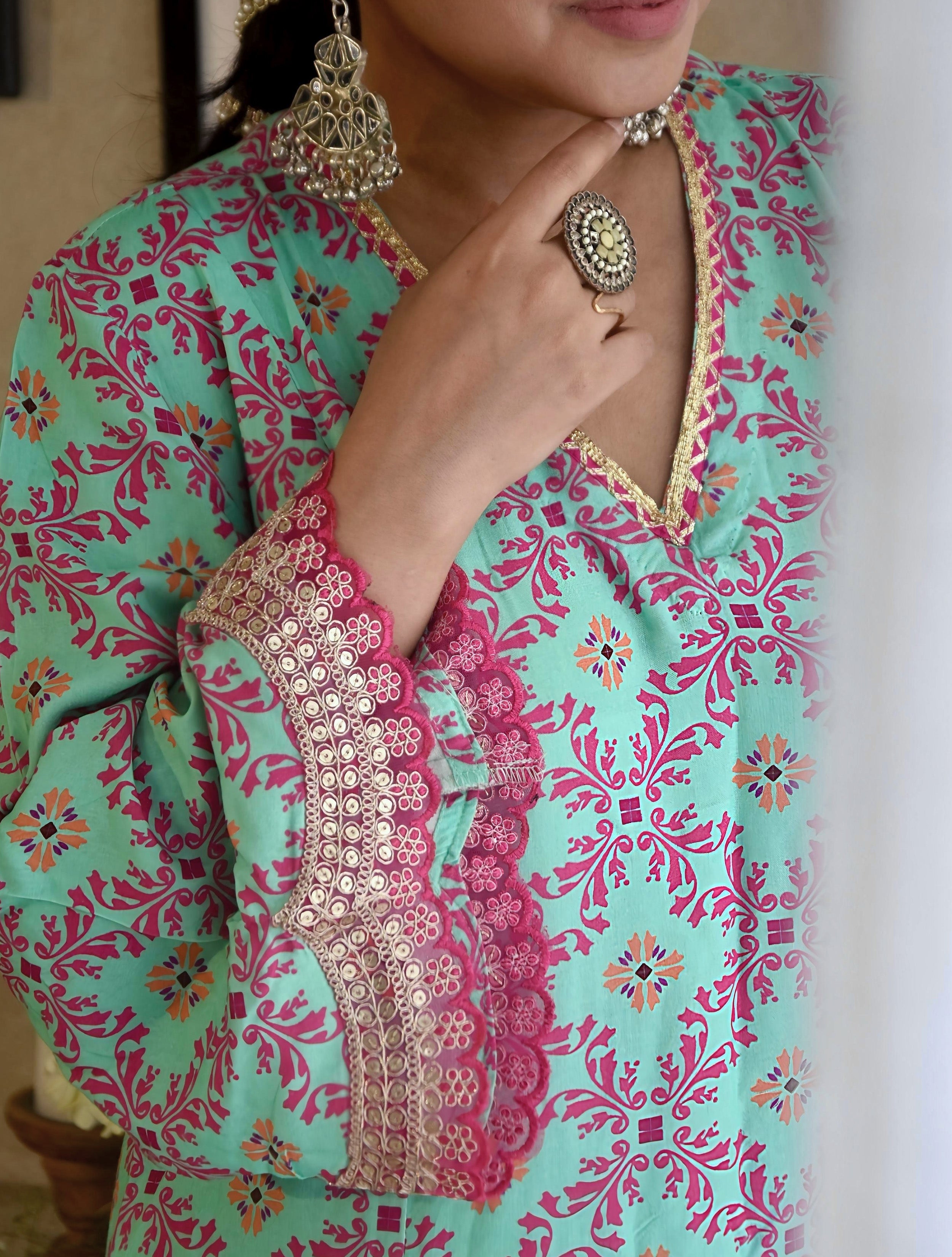 trueBrowns Mint Pink Jaal Print Viscose A-line Kurta Set