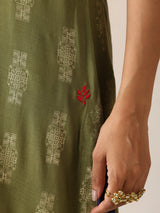 trueBrowns Olive Green Gold Foil Print Muslin Silk Sleeveless Straight Kurta Set