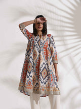 trueBrowns Off White Ikat Print Anarkali Kurta Co-ord Set