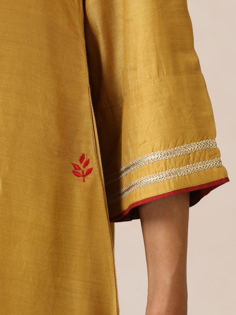 trueBrowns Mustard Gold Foil Print Muslin Silk Kurta Farsi Pants Set