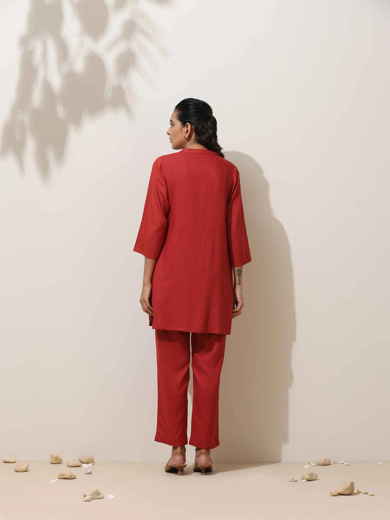 trueBrowns Maroon Viscose Solid Co-ord Set