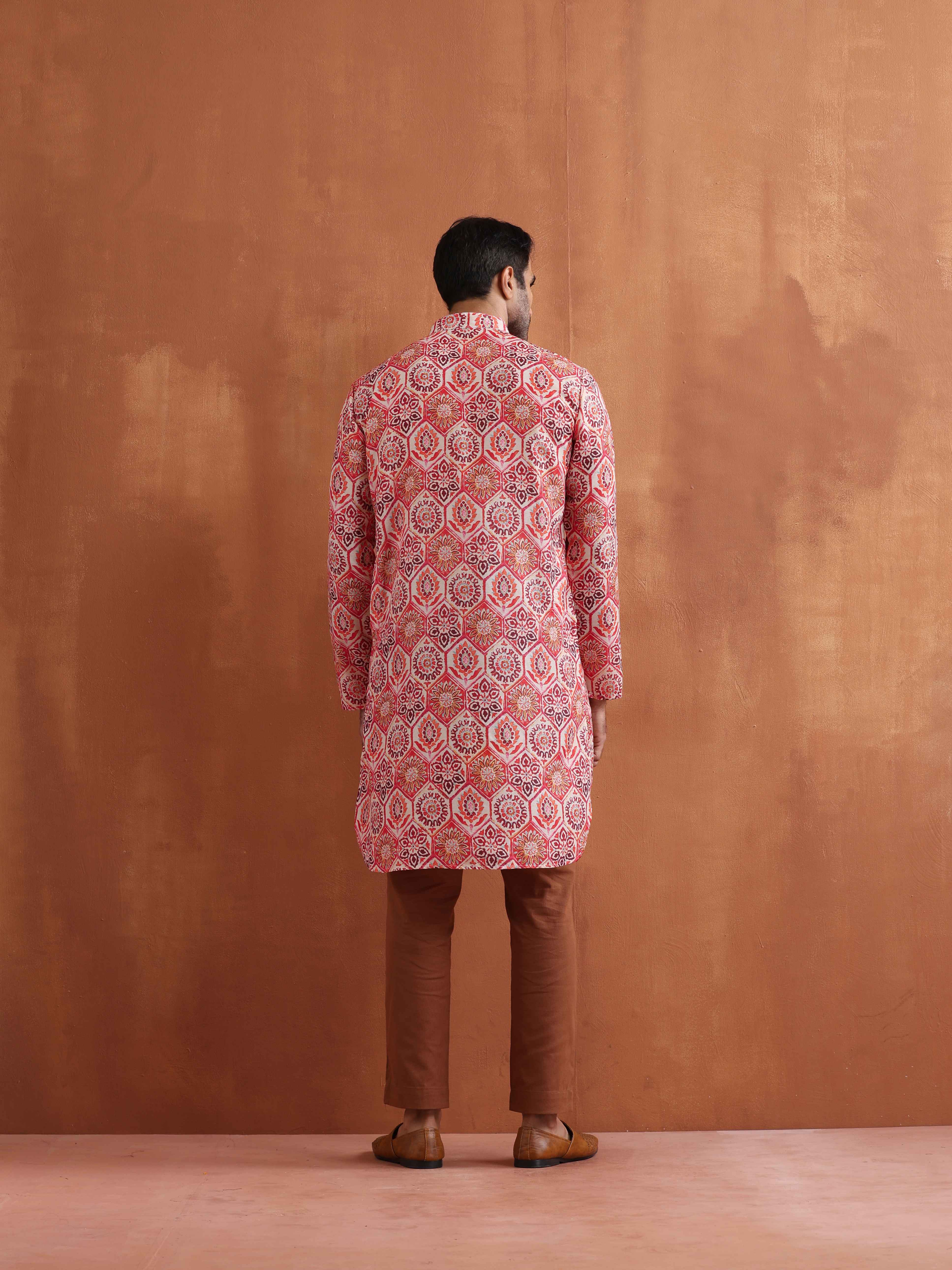 trueBrowns Men's Beige Printed Front Open Kurta