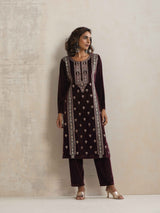 trueBrowns Purple Velvet Embroidered Kurta Pant Dupatta Set