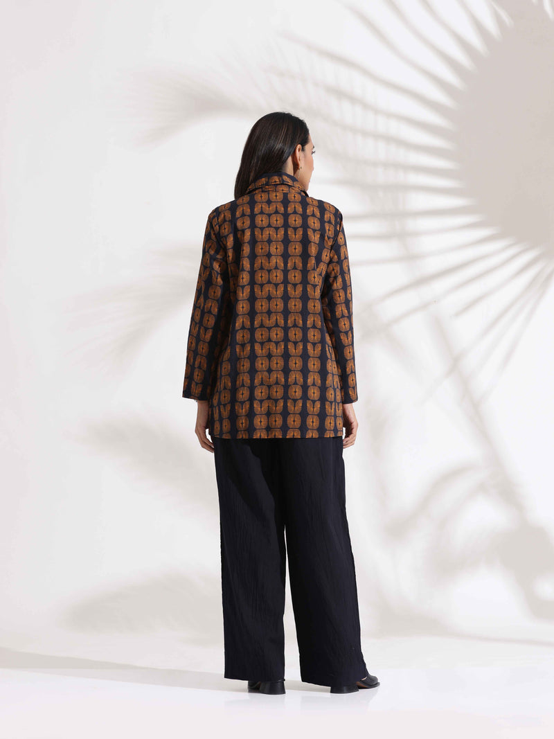 trueBrowns Black Cotton Print Jacket Top Co-ord Set