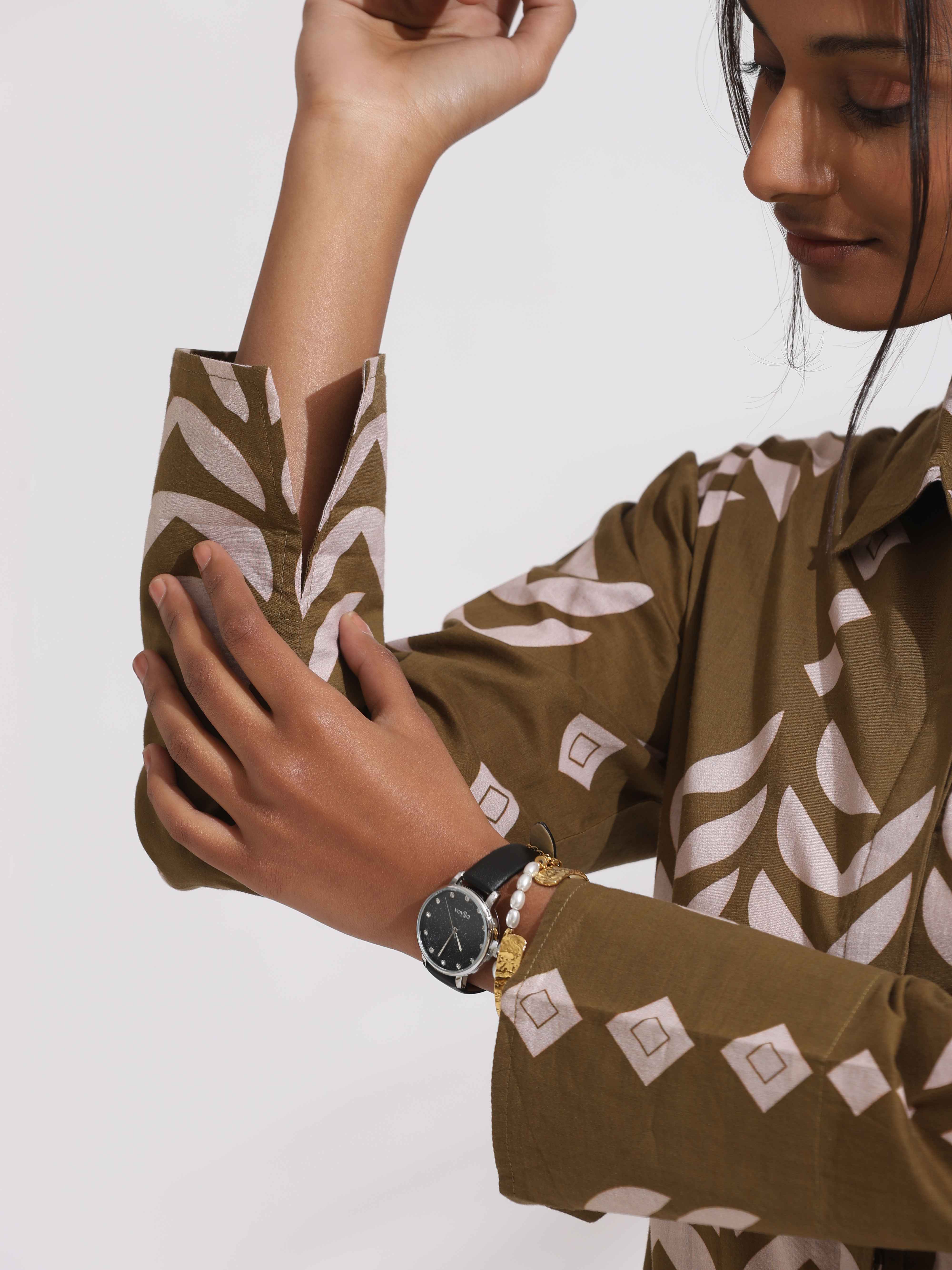 trueBrowns Olive Green Cotton Stripe Print Shirt Kurta Set