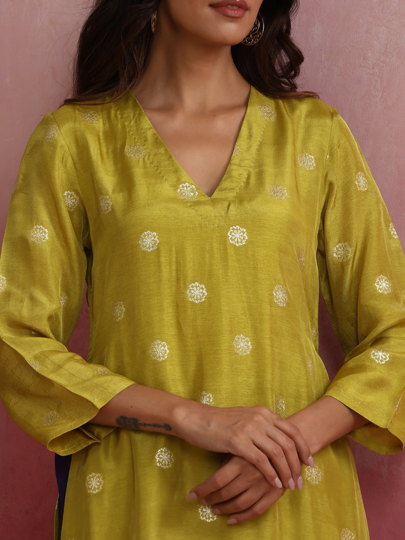 trueBrowns Lime Viscose Silk Kurta Set