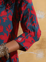trueBrowns Red Teal Jaal Print  Muslin Silk A-Line Kurta Set