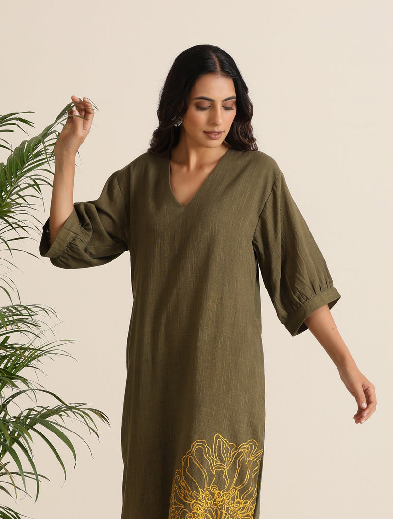 trueBrowns Olive Cotton Embroidered Dress