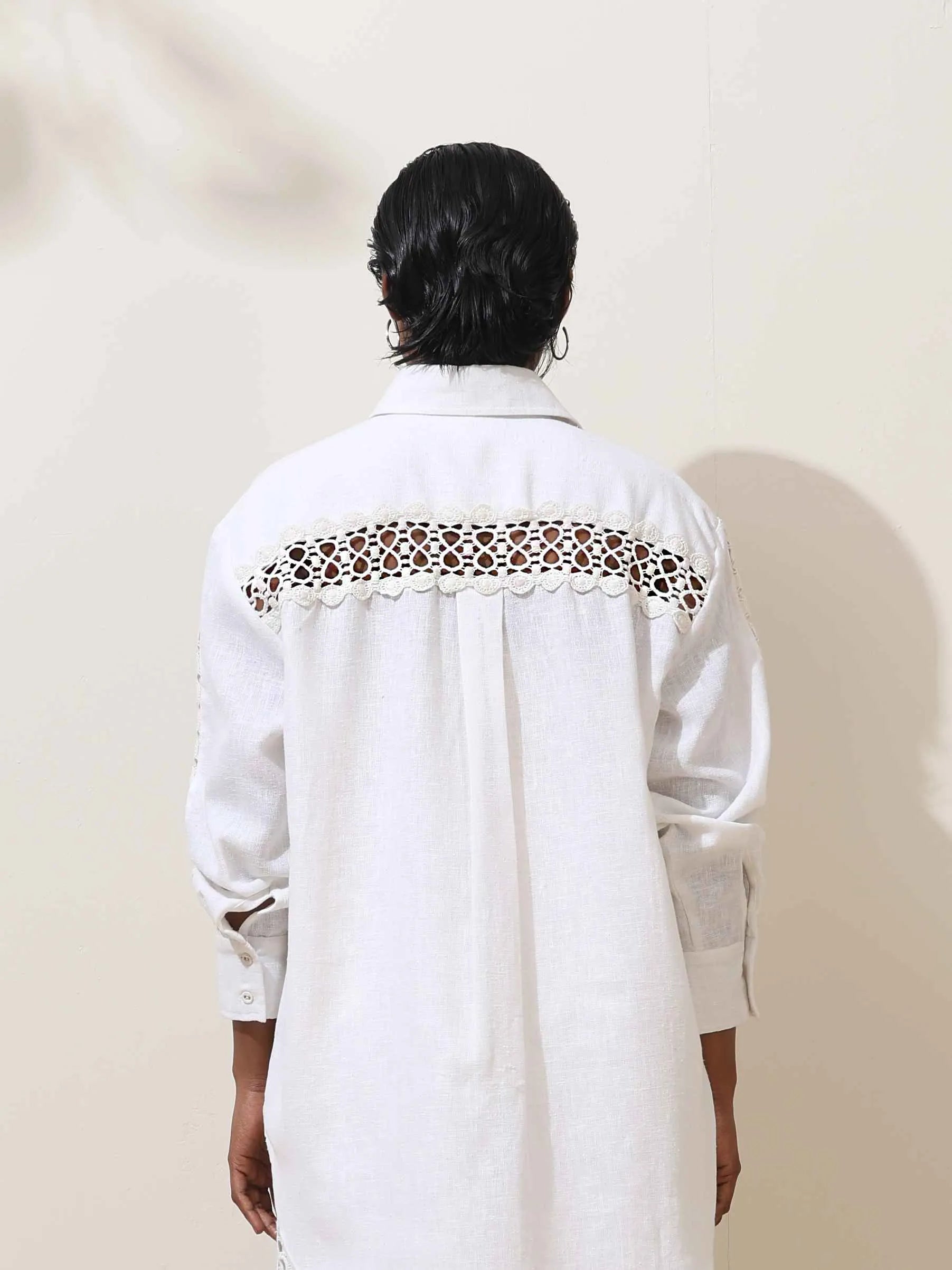 trueBrowns Attar White Crochet Natural Cotton Shirt Co-ord Set