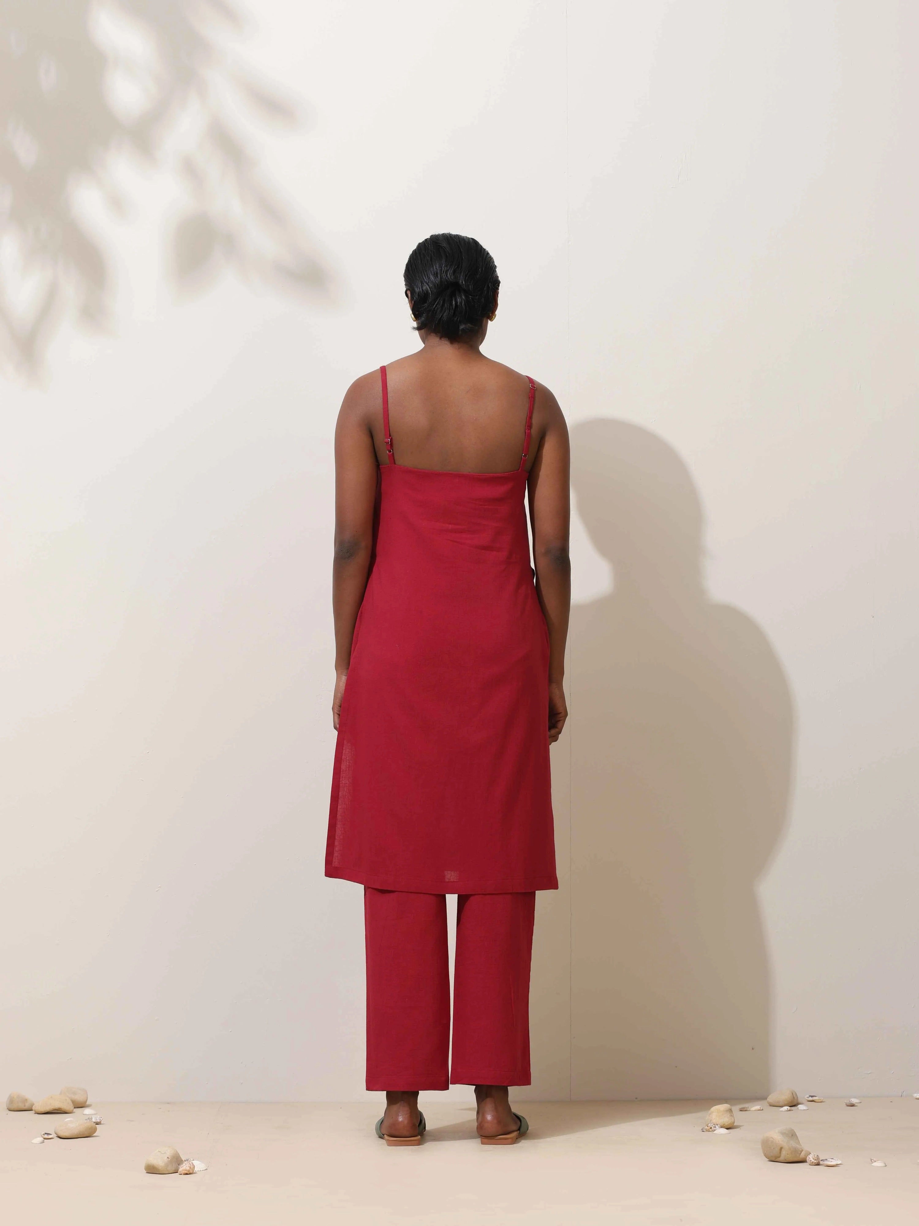 trueBrowns Maroon Cotton Linen Kurta Co-Ord Set