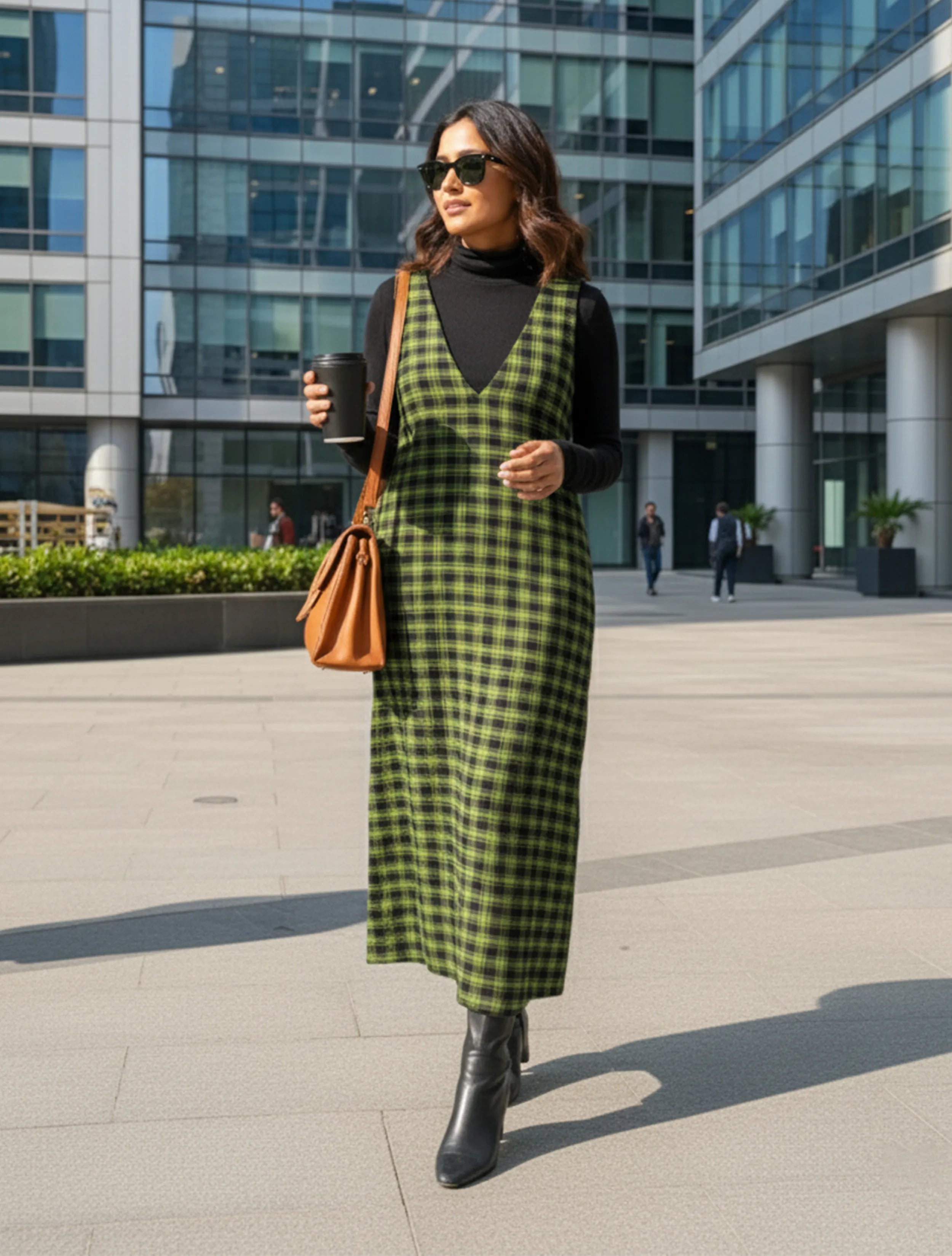 trueBrowns Green Black Sleeveless Check Woollen Dress