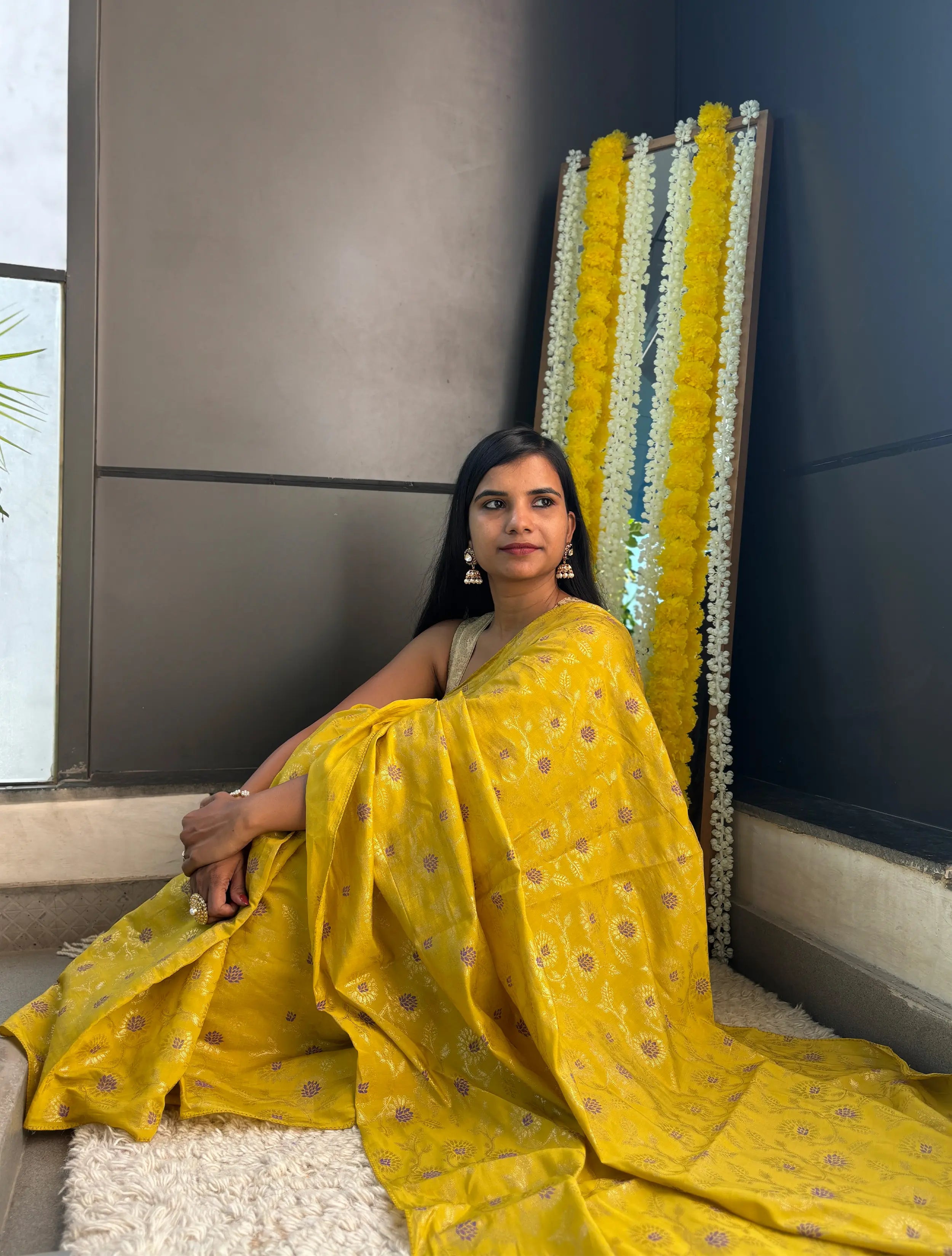 trueBrowns Lime Foil Print Saree With Unstitched Blouse