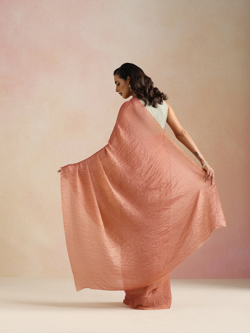 trueBrowns Peach Copper Tissue Saree With Unstitched Blouse