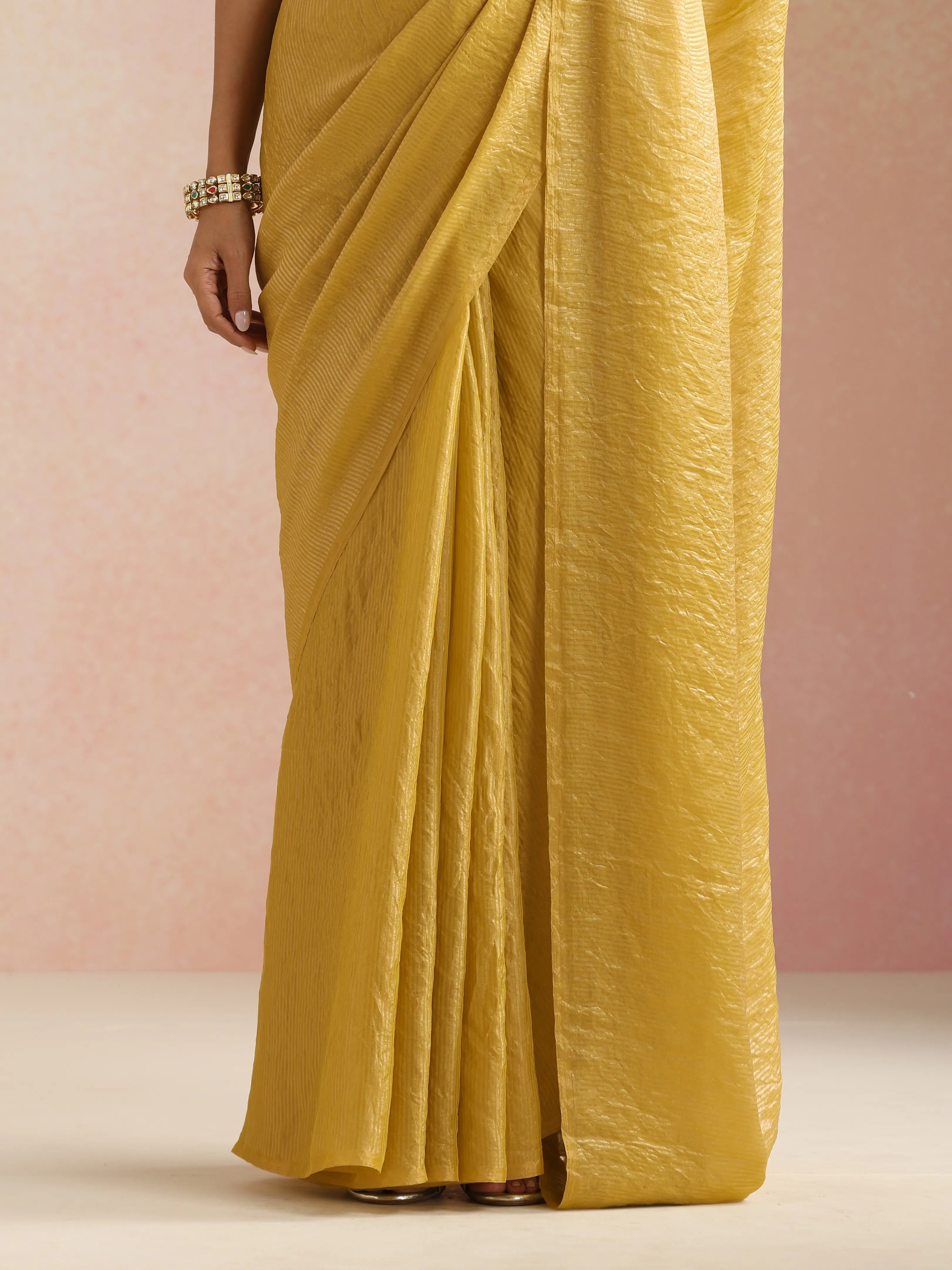 trueBrowns Mustard Tissue Stripe Saree With Unstitched Blouse