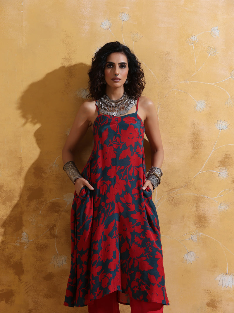 trueBrowns Red Teal Jaal Print Muslin Silk Flared Kurta Set