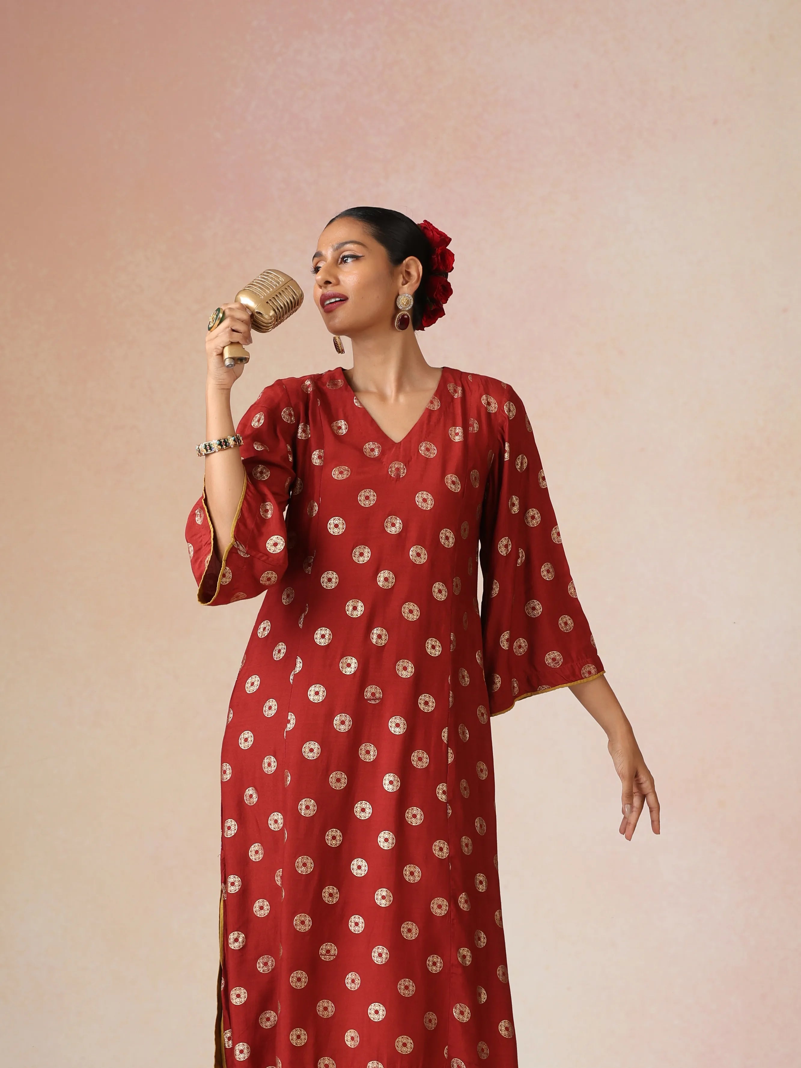 trueBrowns Red Gold Foil Print Muslin Silk A-line Kurta Set