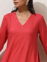 trueBrowns Coral Viscose Solid Kurta Pant Set