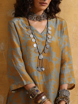 trueBrowns Mint Mustard Jaal Print Muslin Silk Co-ord Set