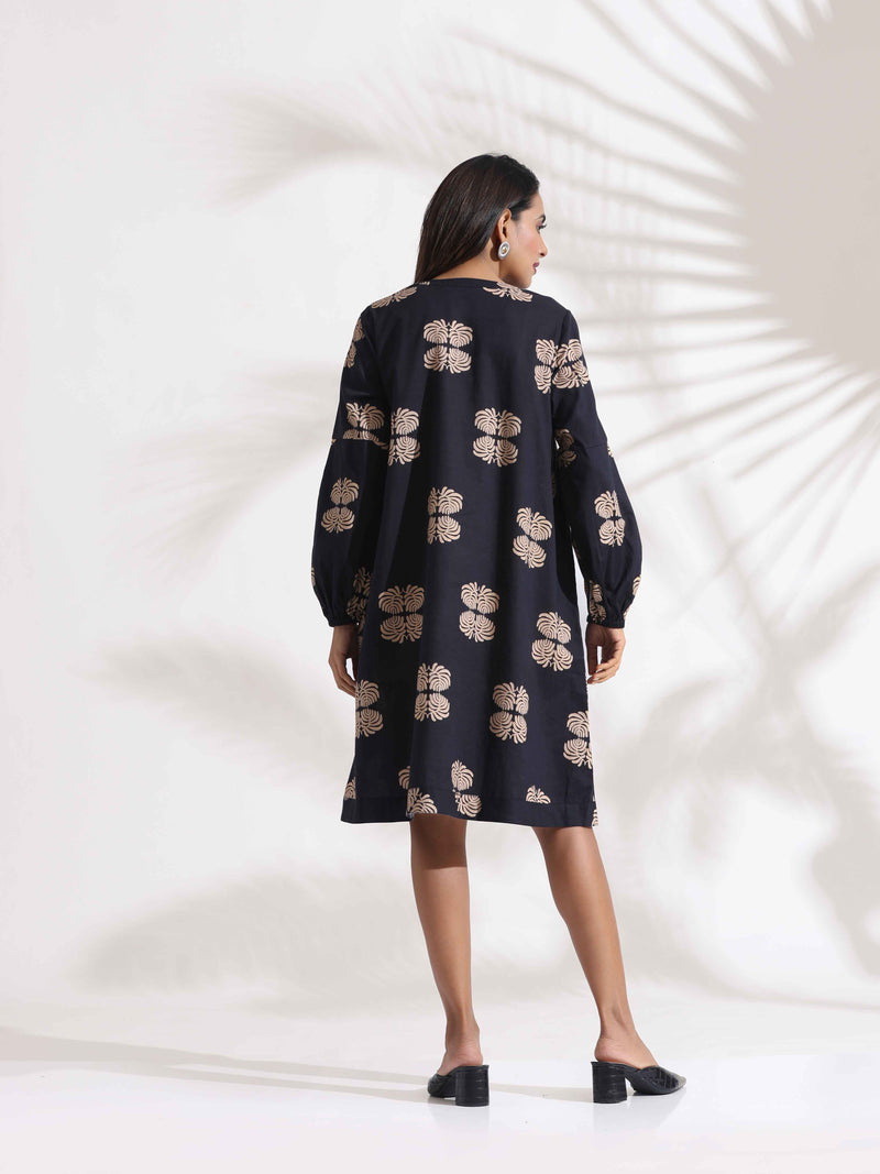 trueBrowns Black Cotton Print Short Dress