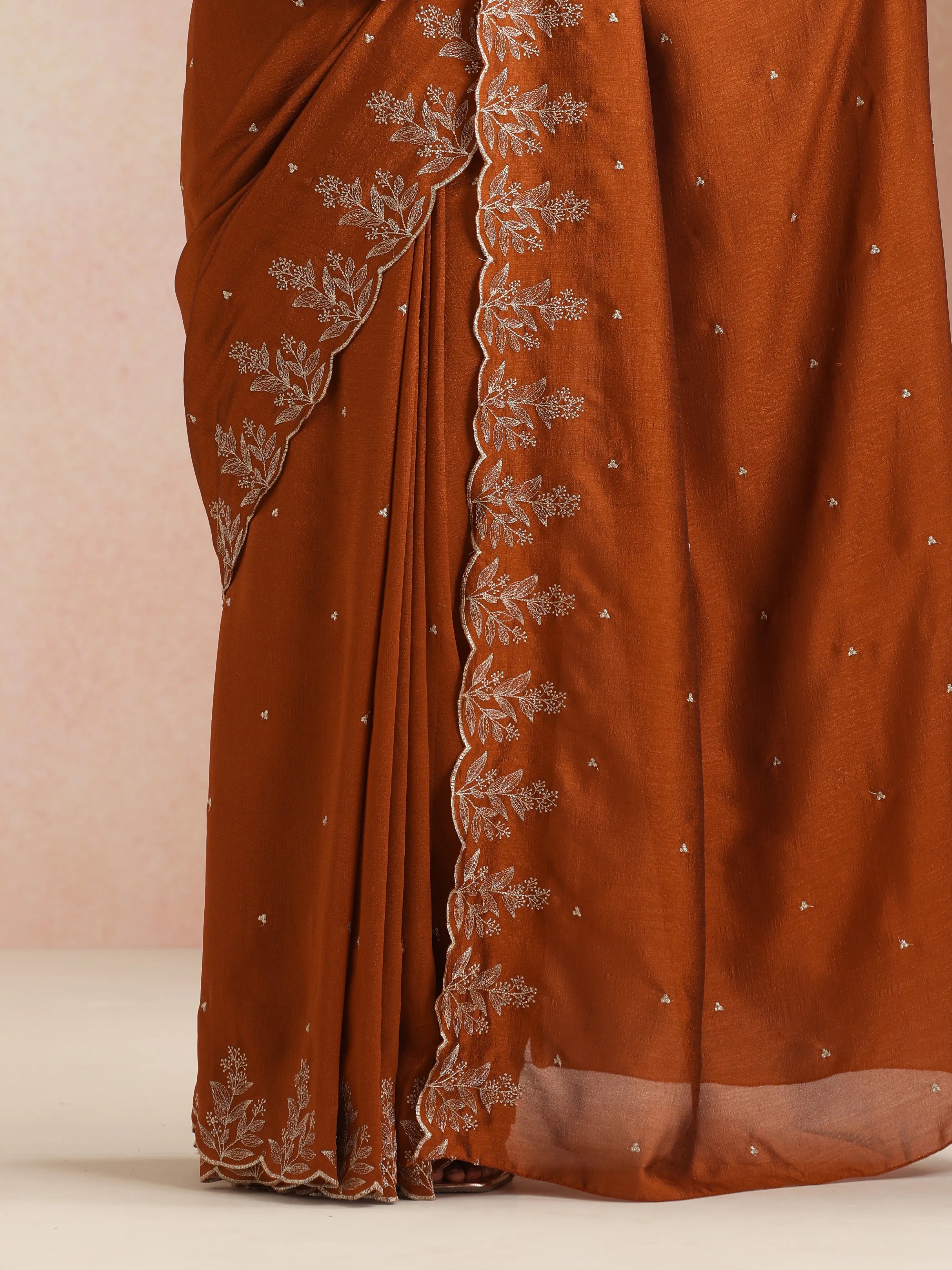 trueBrowns Rust All Over Zari Embroidered Saree With Unstitched Blouse