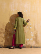 trueBrowns Green Muslin Silk High-Slit Kurta Pant Set
