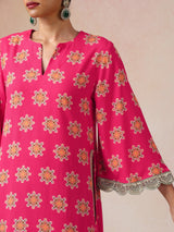 trueBrowns Pink Boota Print Viscose Straight High-Slit Kurta Set