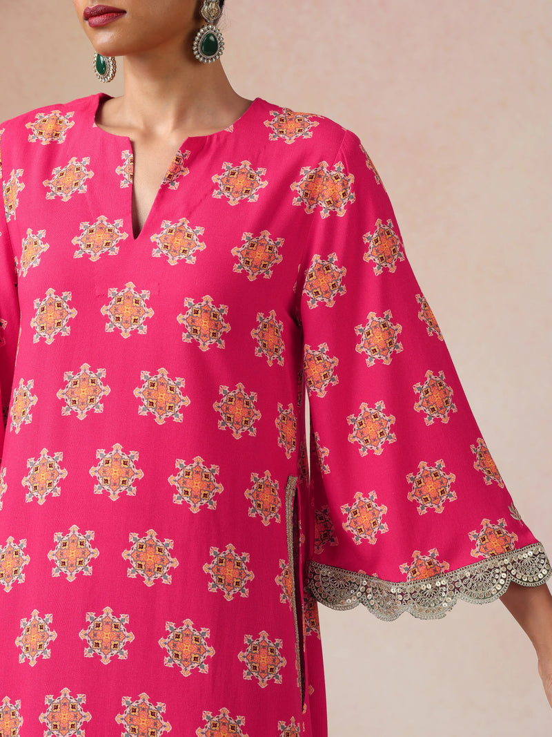 trueBrowns Pink Boota Print Viscose Straight High-Slit Kurta Set