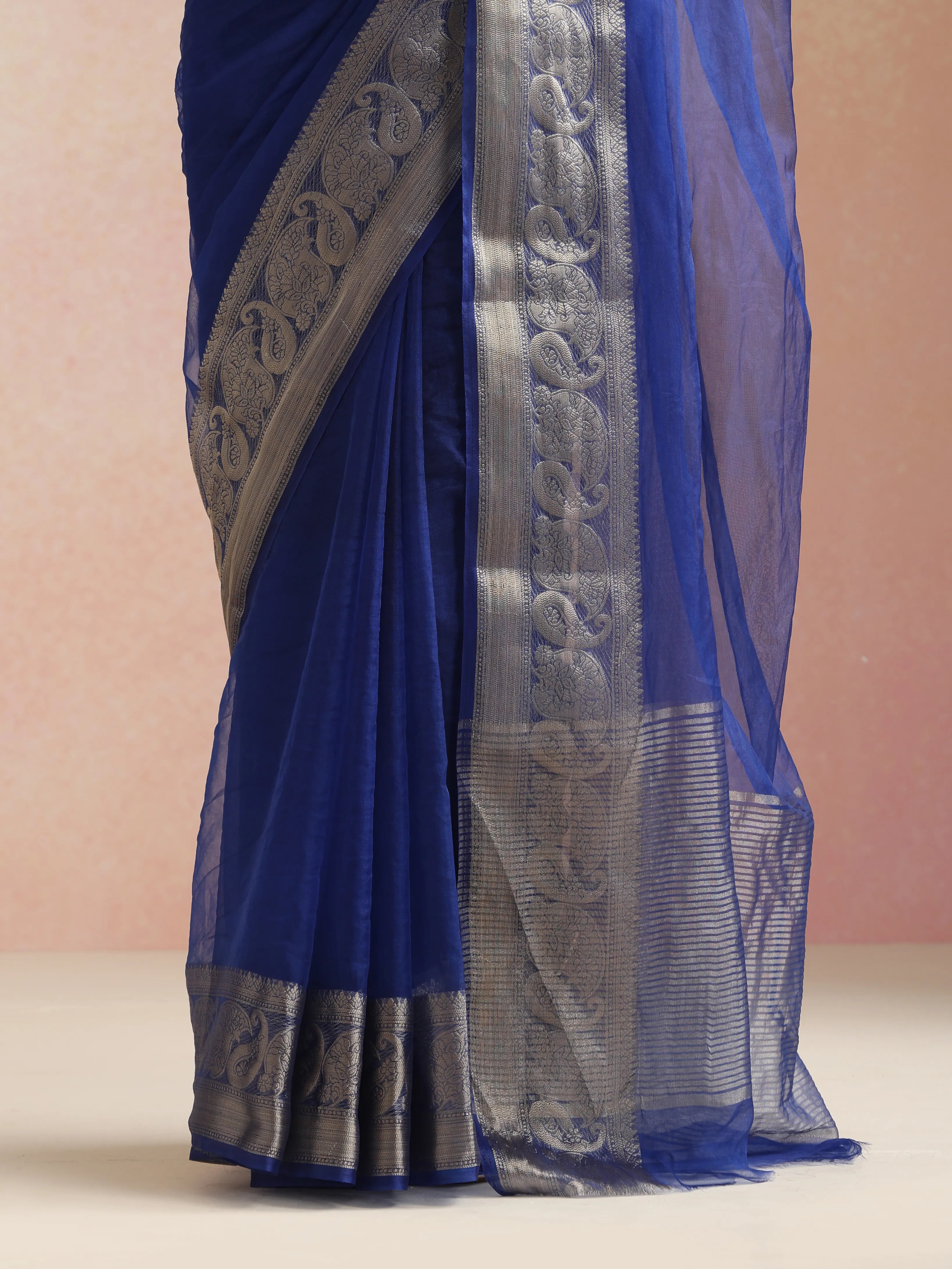 trueBrowns Electric Blue Organza Saree With Unstitched Blouse