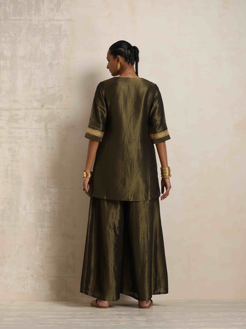 trueBrowns Olive Green Tissue Sharara Set