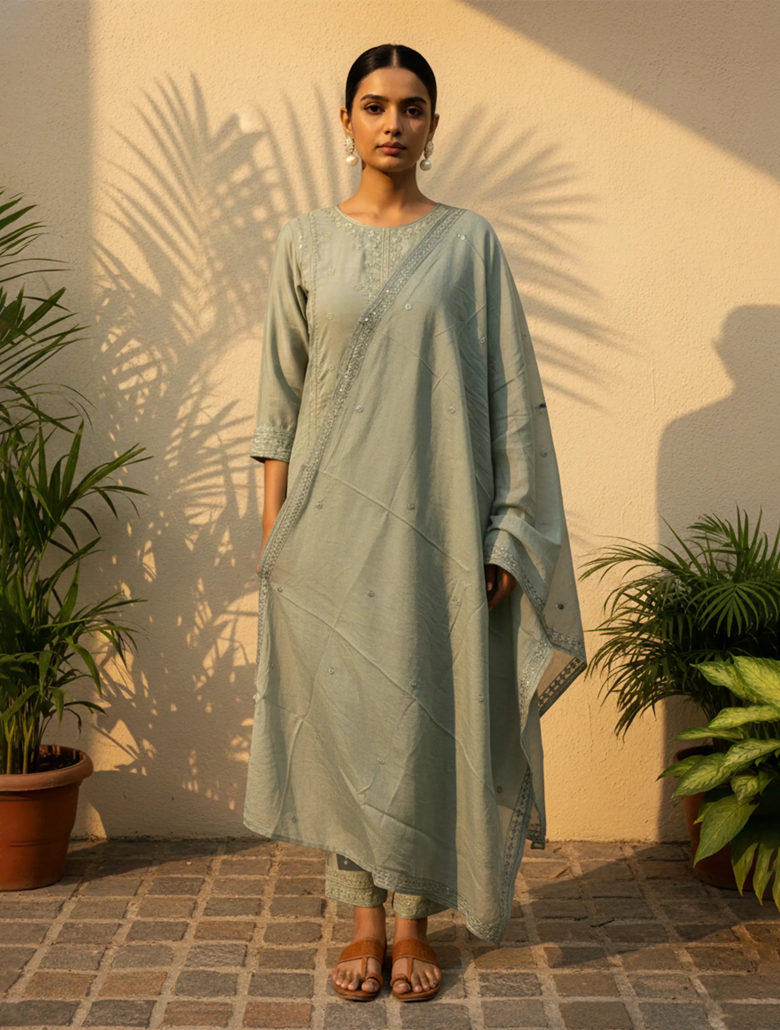 trueBrowns Sage Green Embroidered Straight Kurta Pant Dupatta Set