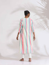 trueBrowns Off-White Cotton Multi Stripe Flared Kurta Set