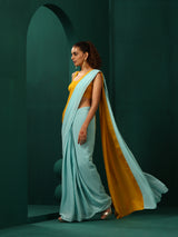 trueBrowns Blue Mustard Muslin Silk Pre-Stitched Saree