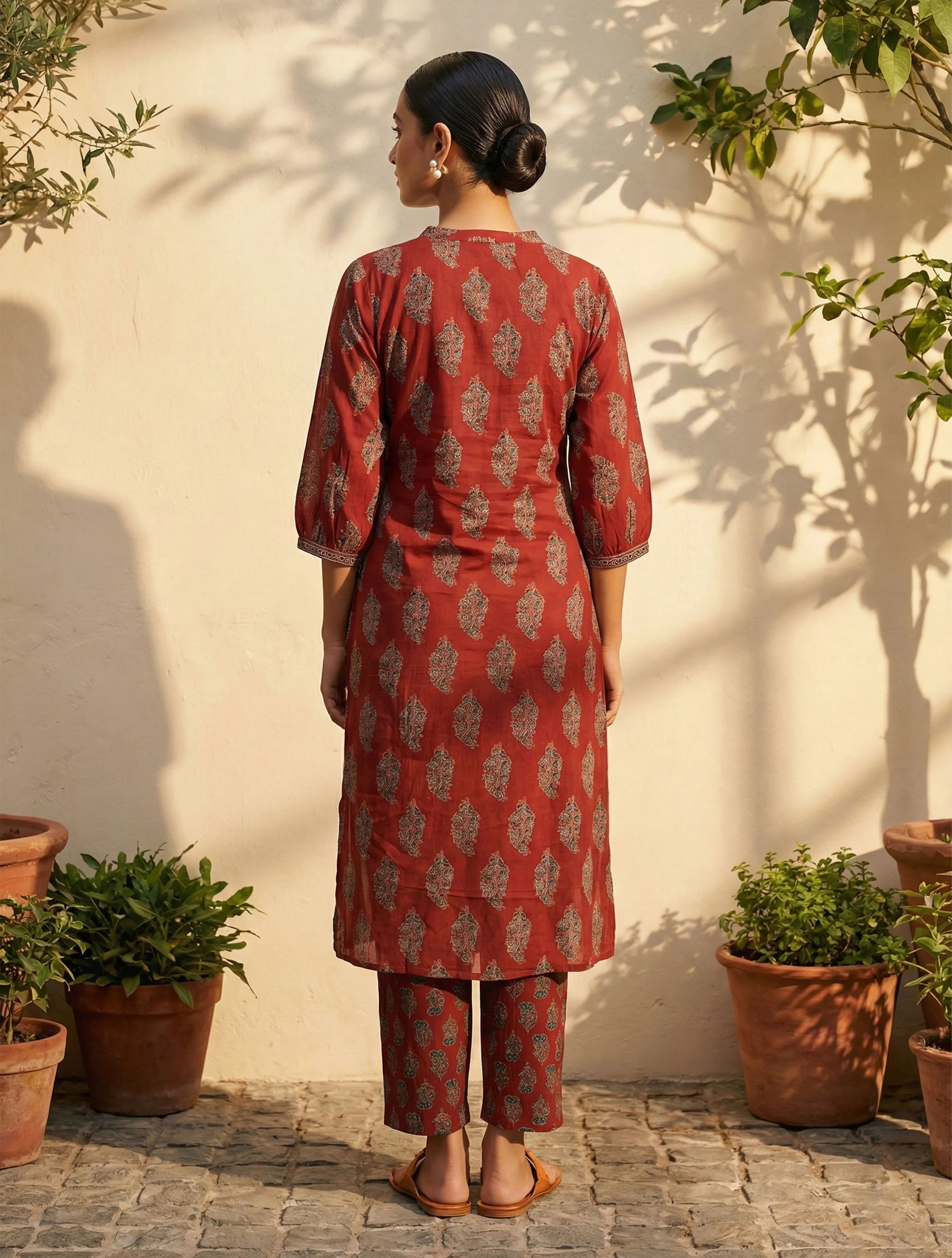 trueBrowns Rust Boota Print Angrakha Kurta Pant Dupatta Set