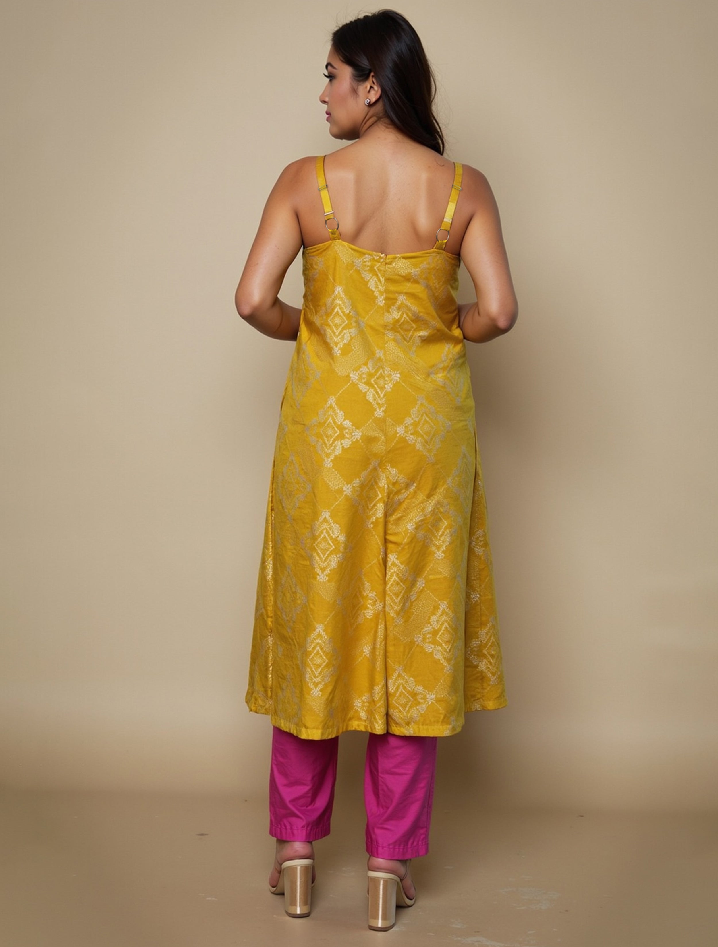 trueBrowns Lime Brocade Flared Kurta Set