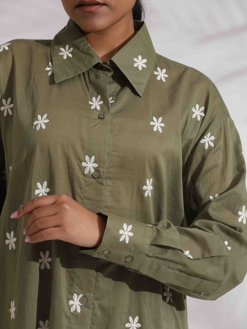 trueBrowns Olive Green Cotton Floral Embroidered Co-ord Set