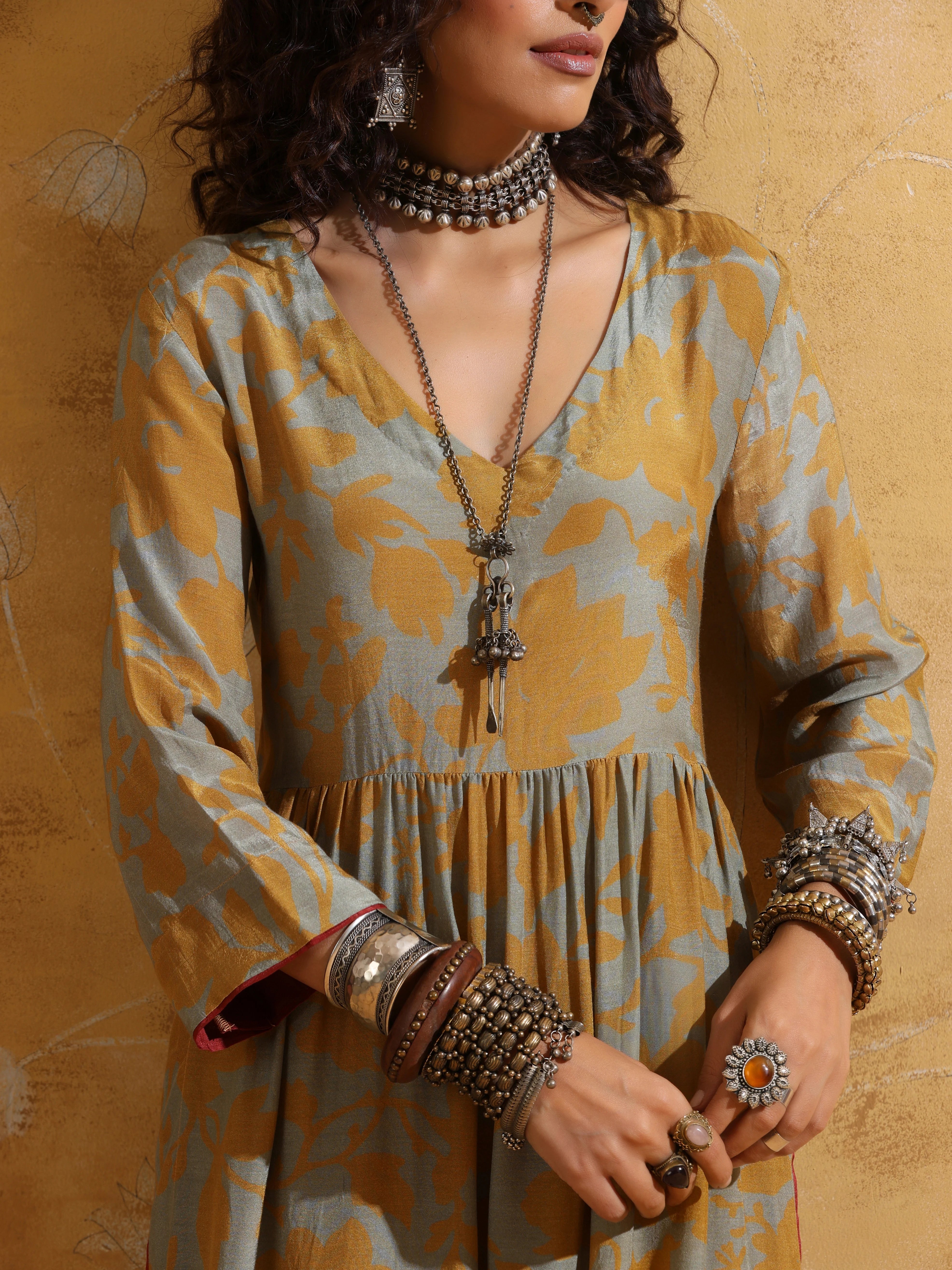 trueBrowns Mustard Jaal Print Muslin Silk High-Slit Fit and Flared Kurta Set