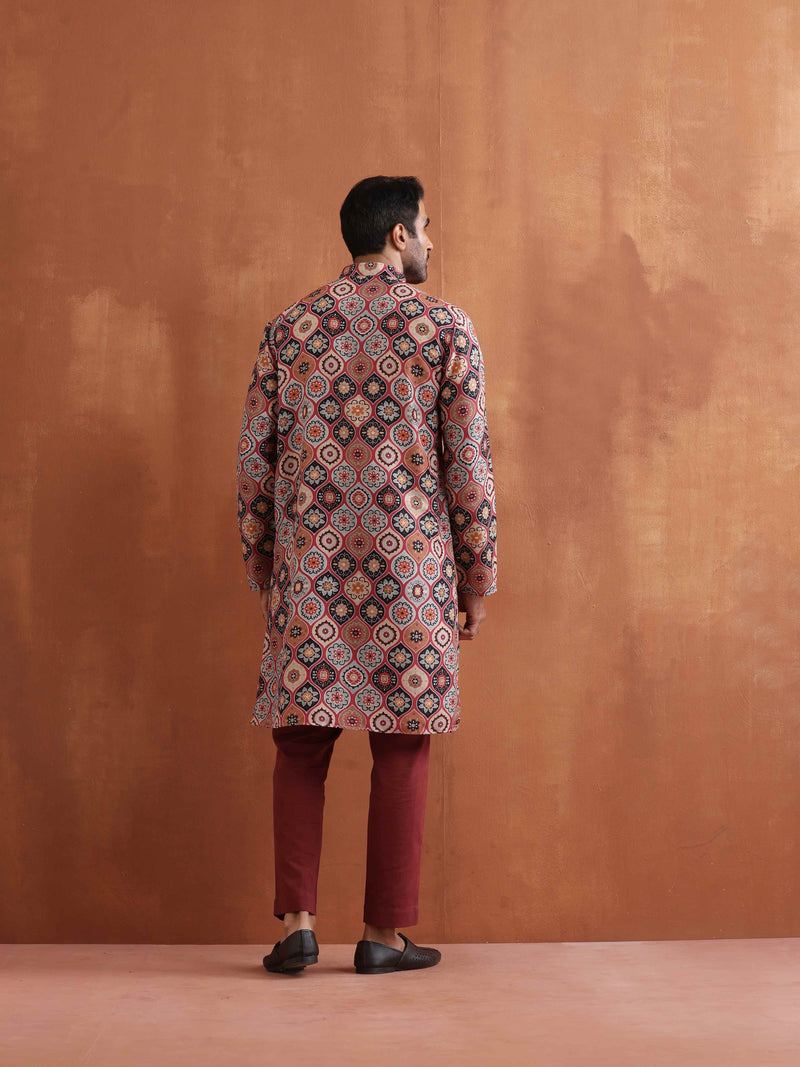 trueBrowns Men's Rust Geometric Printed Kurta