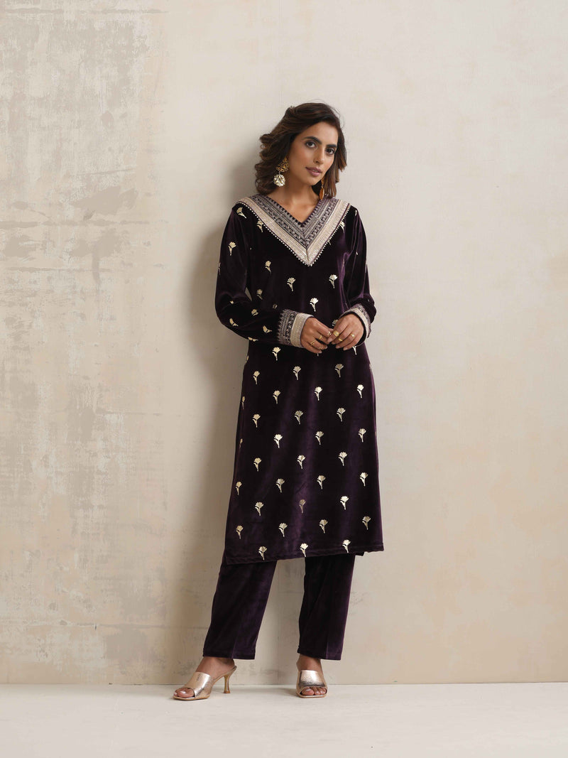 trueBrowns Wine Velvet Floral Embroidered Kurta Pant Dupatta Set