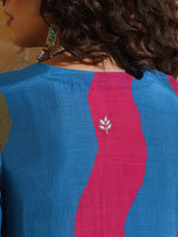 trueBrowns Blue Green Floral Print Muslin Silk Fit and Flare Kurta Set