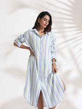 trueBrowns White Cotton Multi Stripe Shirt Dress