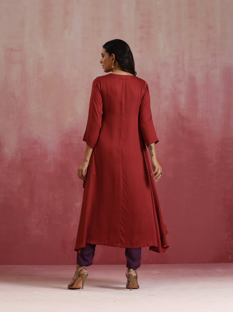 trueBrowns Maroon Modal Angrakha Kurta Set