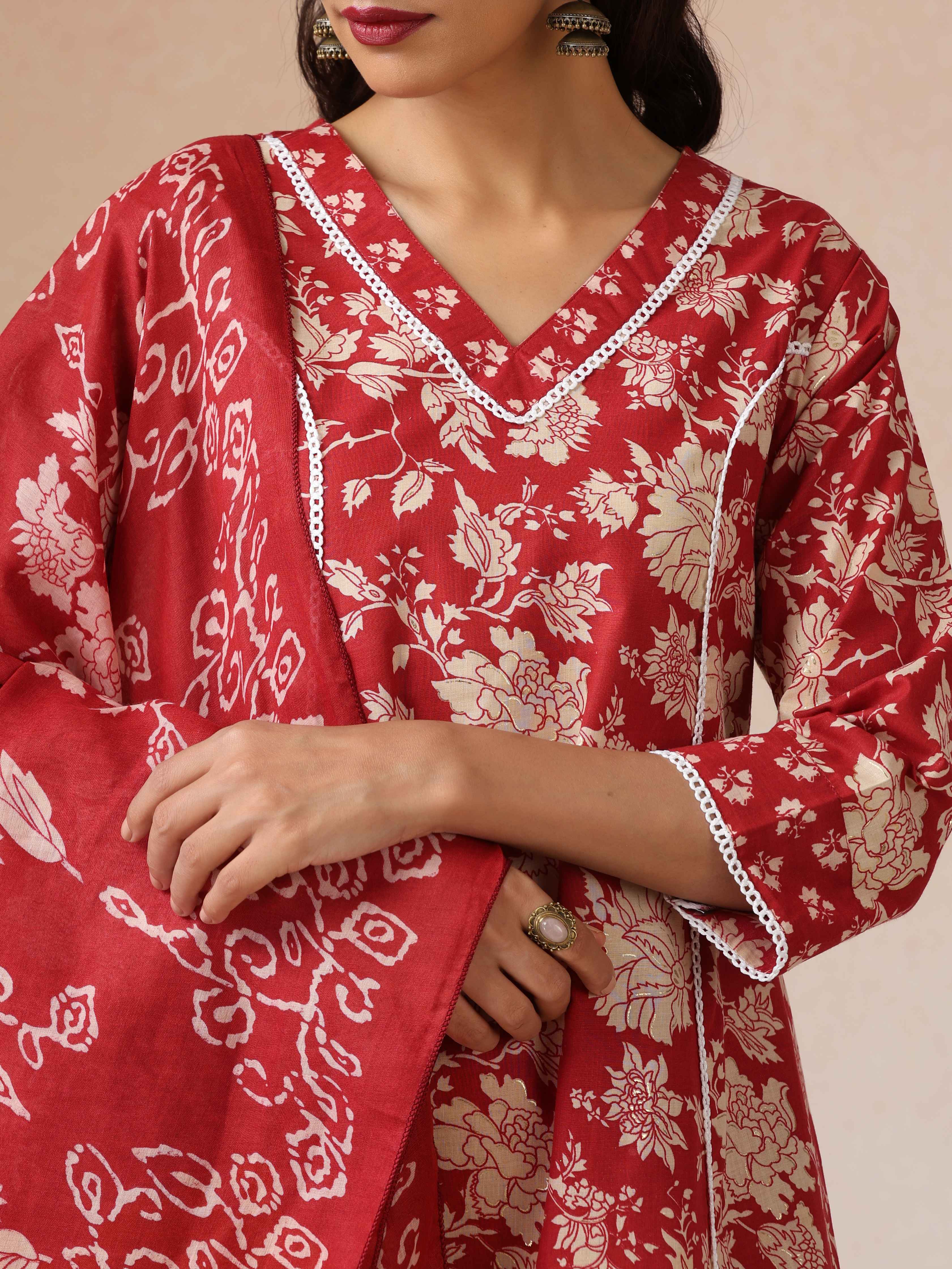 trueBrowns Red Cotton Print A Line Kurta 3pc Set