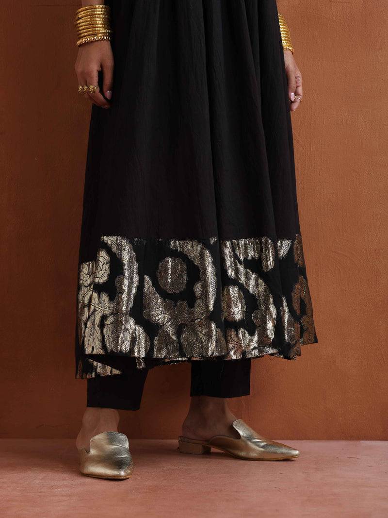 trueBrowns Black Metallic Flared Anarkali Kurta Set