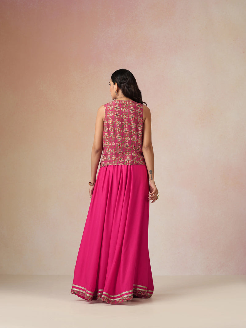 trueBrowns Pink Print Viscose Jacket Skirt Co-ord Set