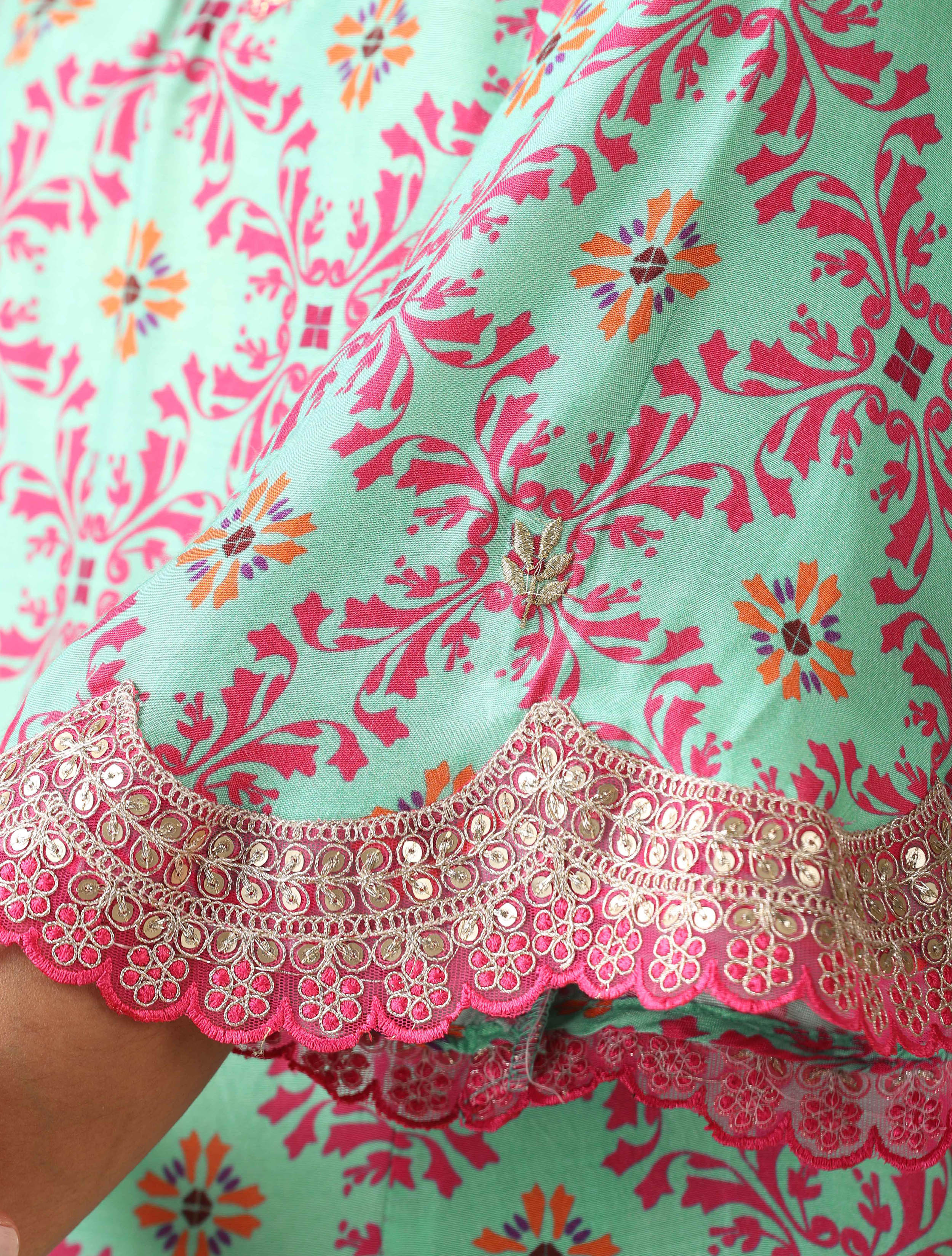 trueBrowns Mint Pink Jaal Print Viscose A-line Kurta Set