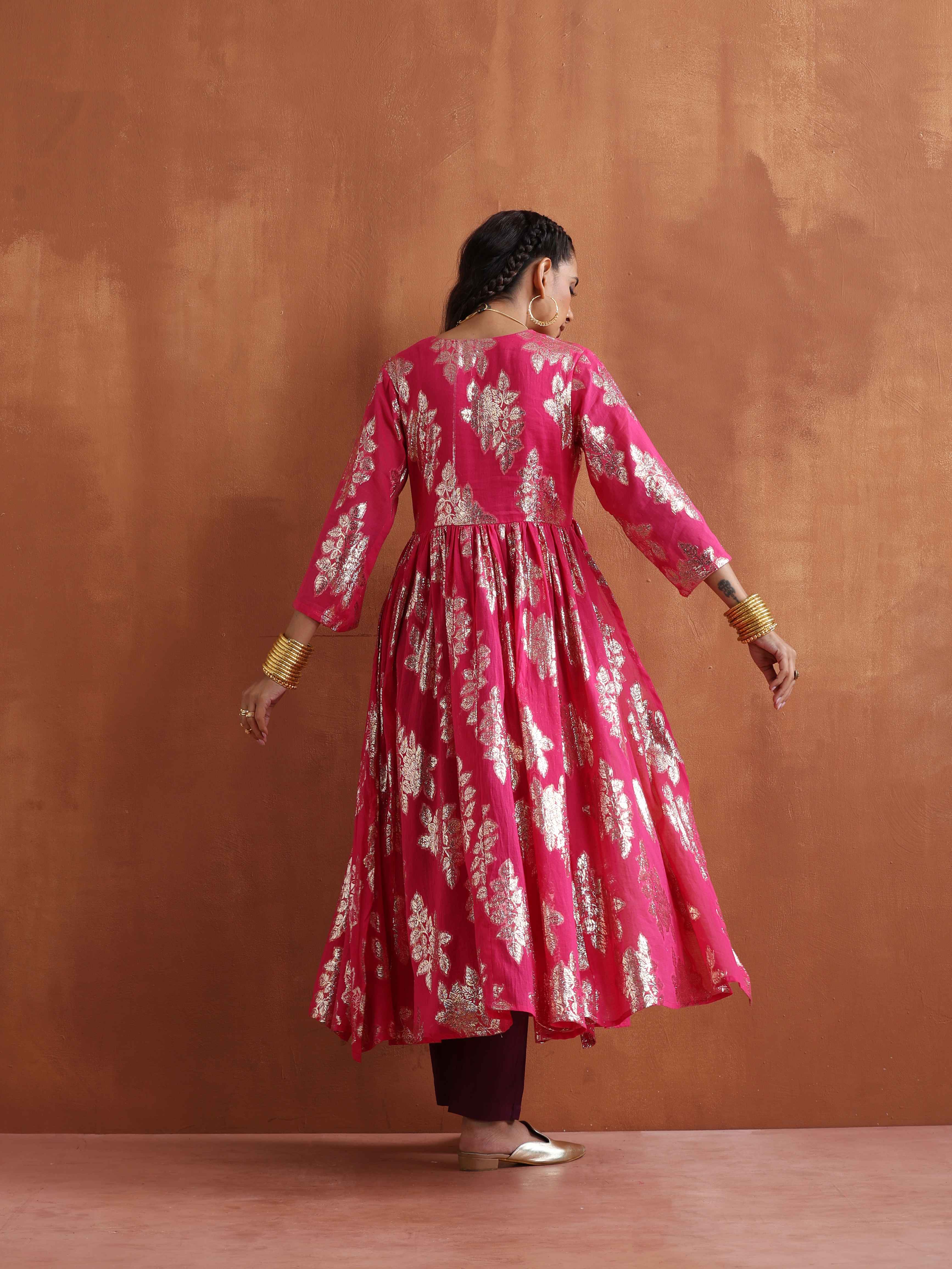 trueBrowns Pink Metallic Flared Anarkali Kurta Set