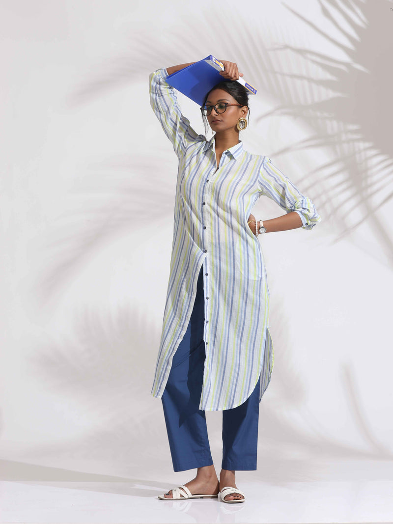 trueBrowns White Cotton Multi Stripe Shirt Kurta Set